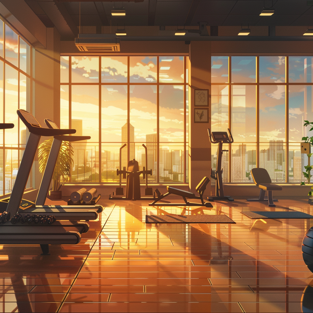 Inside a gym overlooking the city