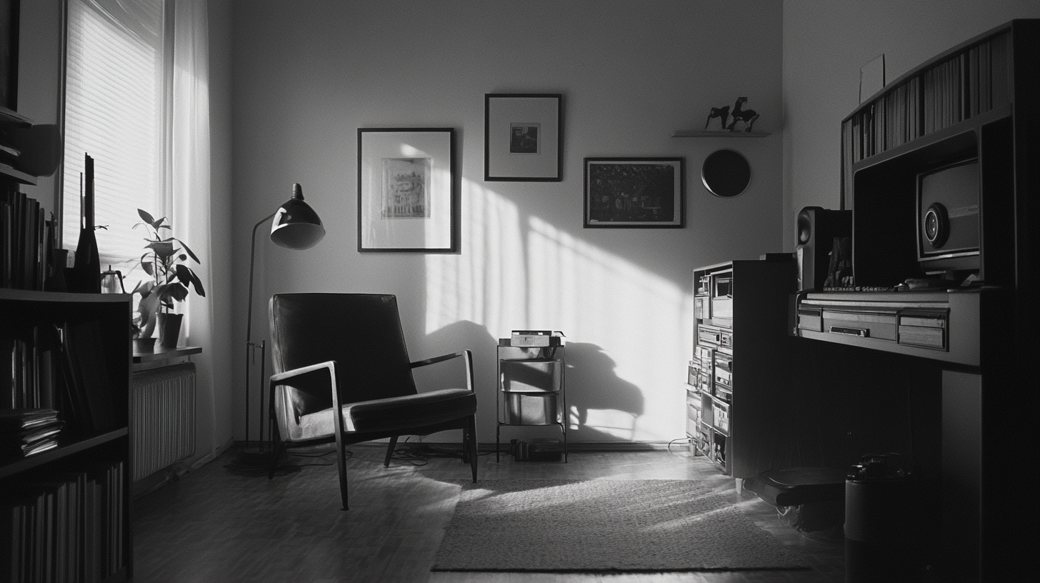 Inside a modern apartment, camera captures corner view.