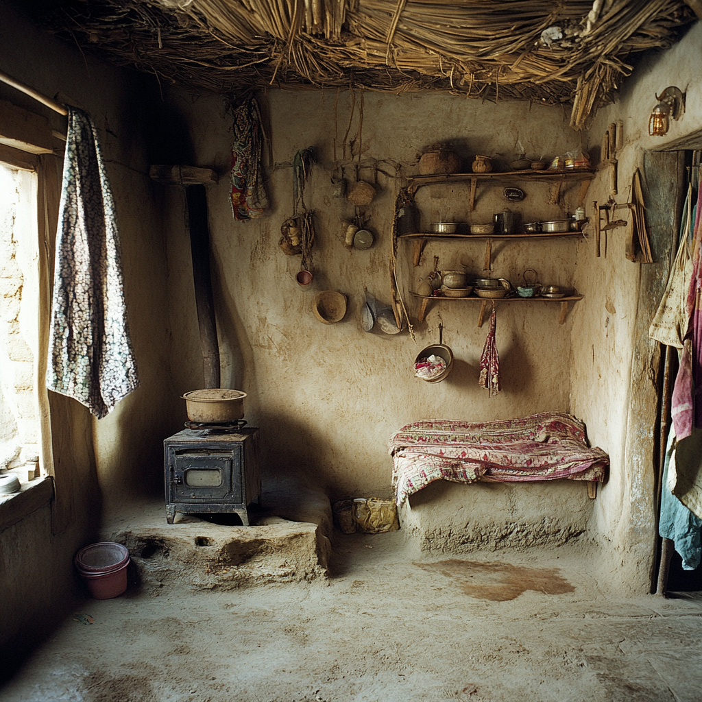 Inside a small Indian village hut, cramped space