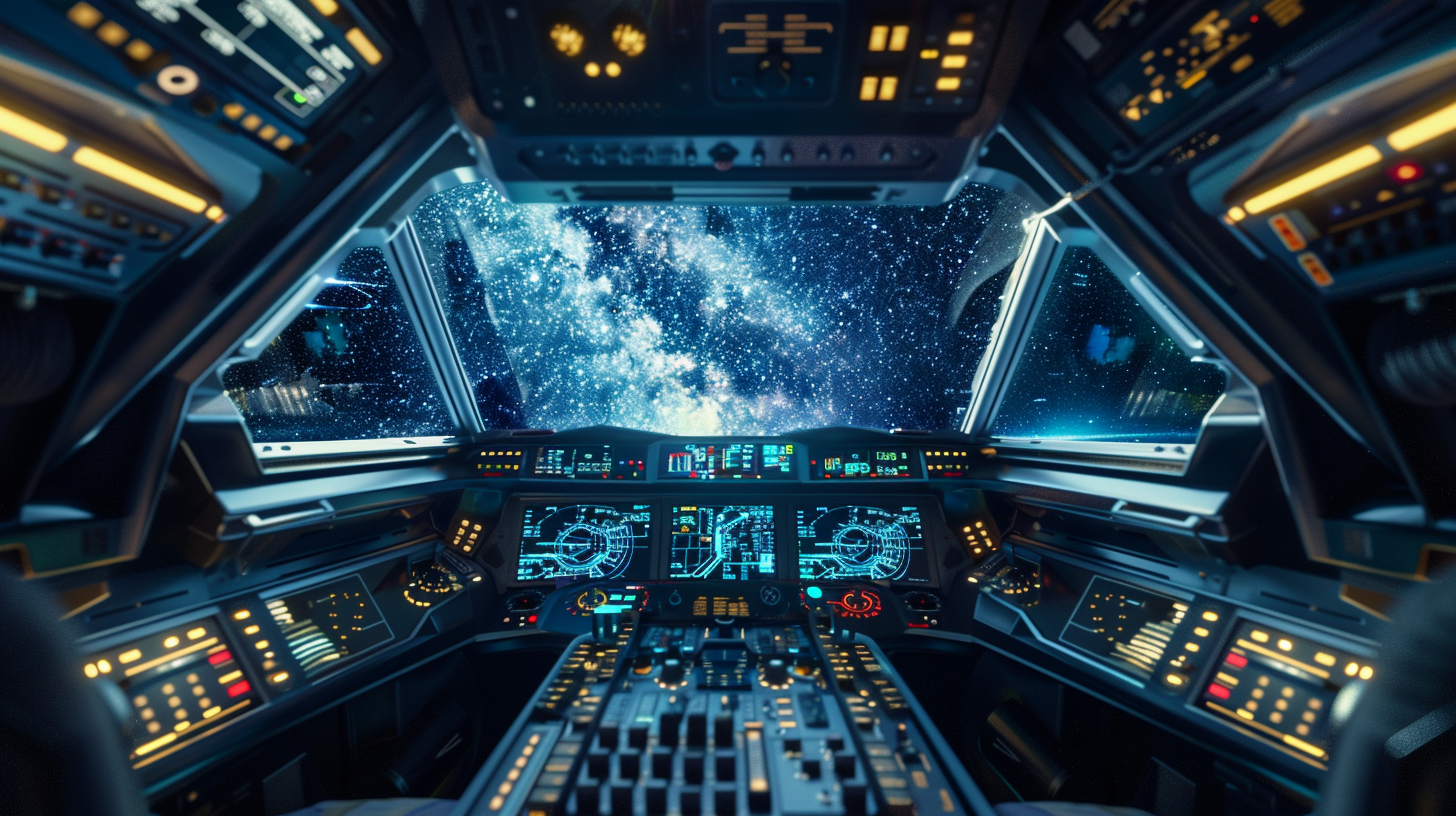 Inside a spaceship cockpit, we see digital dashboards.