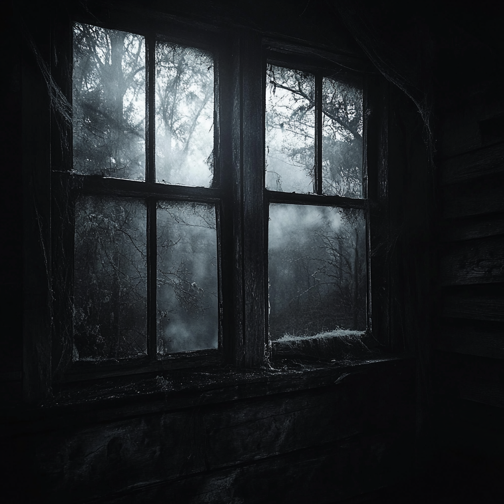 Inside isolated cabin: abandoned, dilapidated, dark, weathered walls.