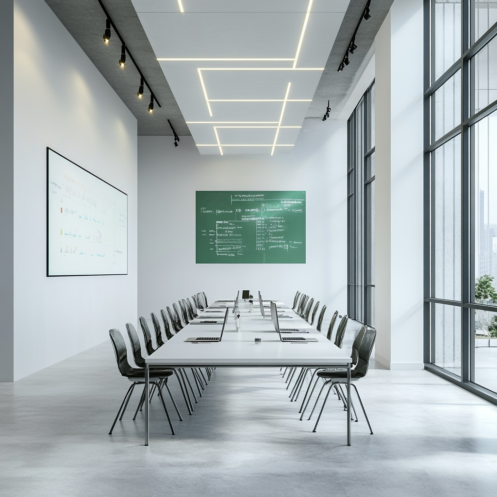 Inside modern meeting room for young people, white tones.