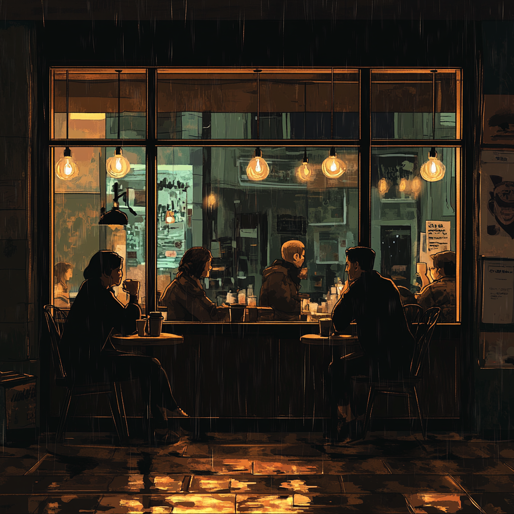 Inside the charming coffee shop on a rainy day