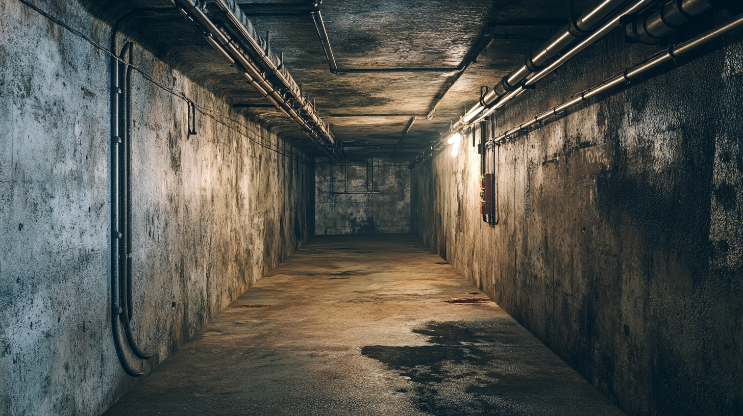 Inside underground bunker with pipes, cables, clean, empty.