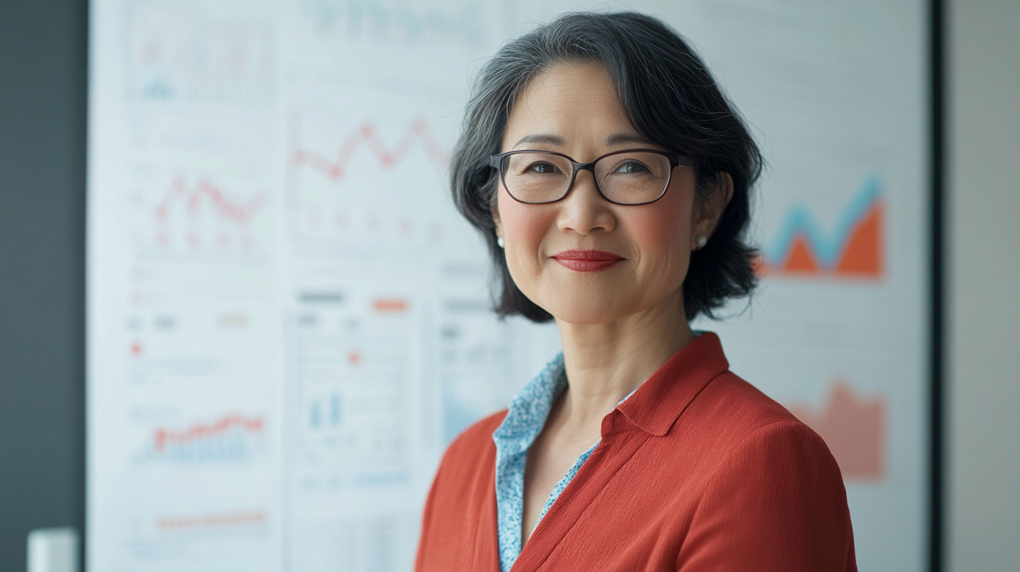 Insightful Asian businesswoman analyzing data on whiteboard. Smiling.