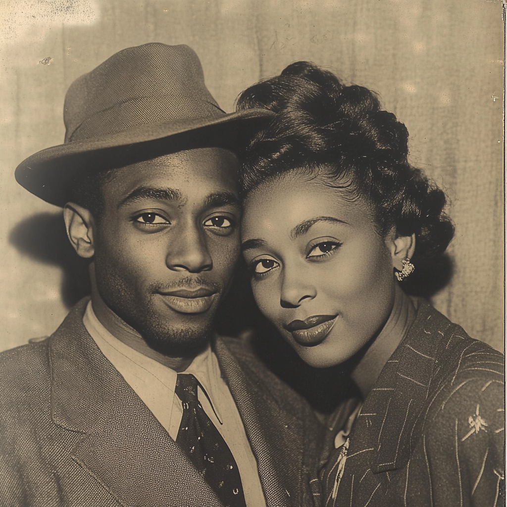 Intelligent mixed race couple in 1940s clothing pose.