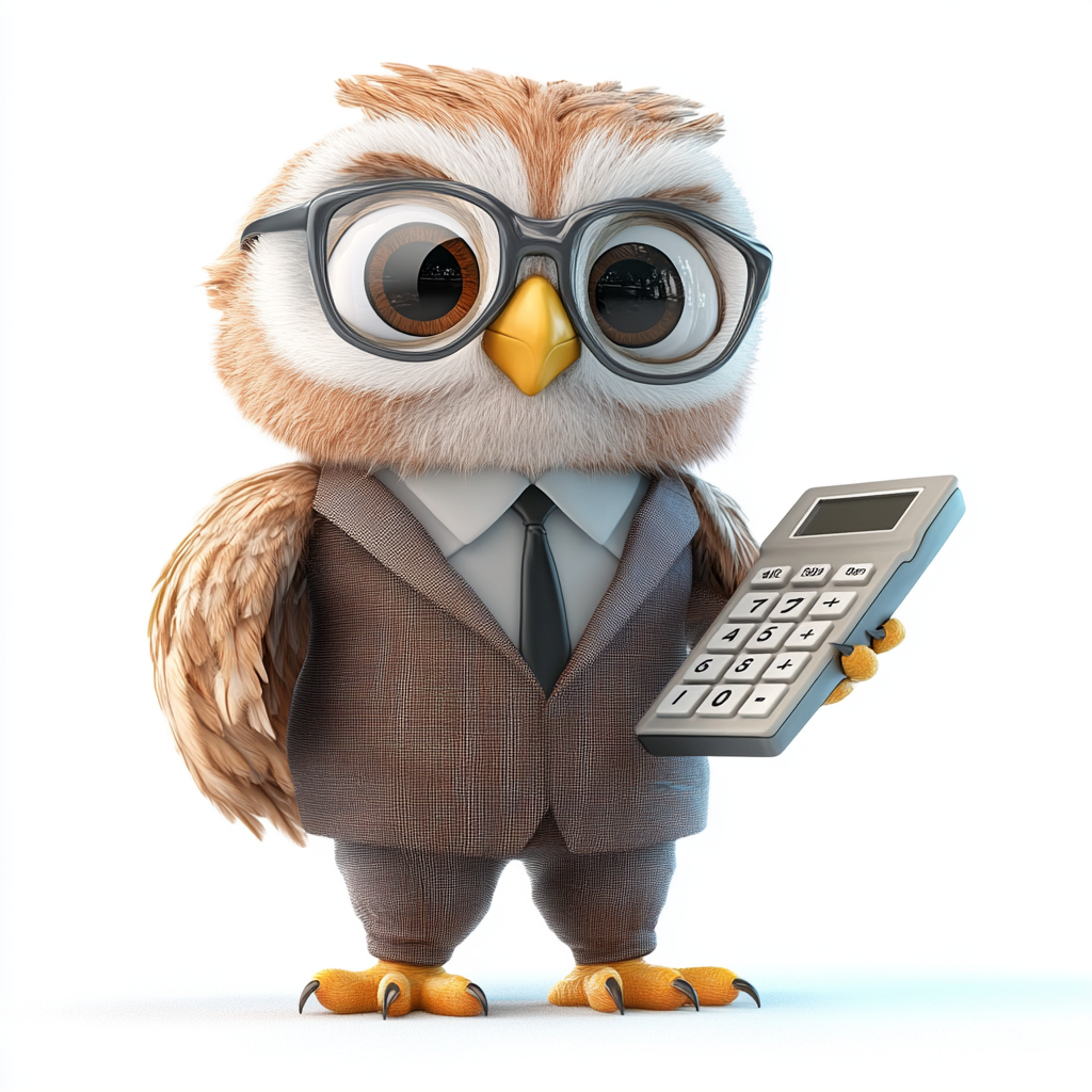 Intelligent owl in suit with calculator, symbolizing expertise.