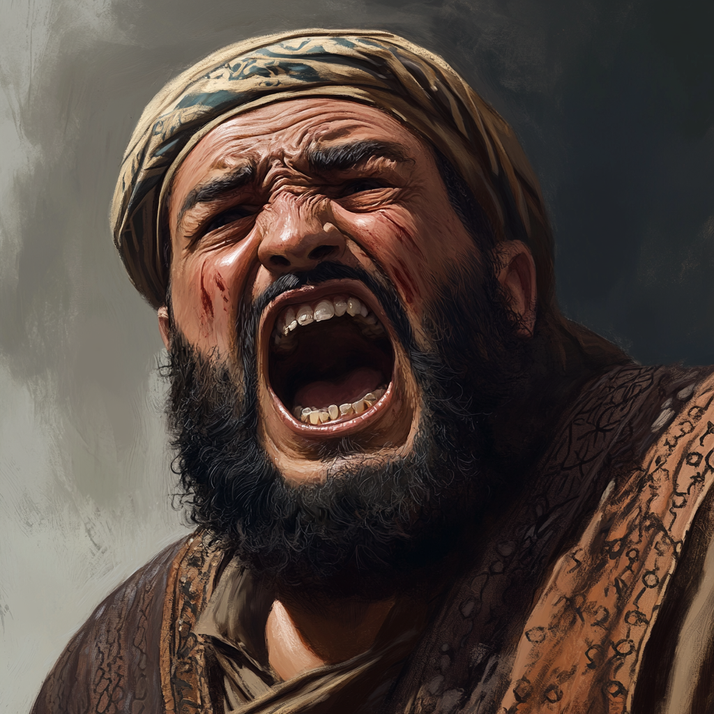 Intense Arab man in traditional attire shouting angrily.