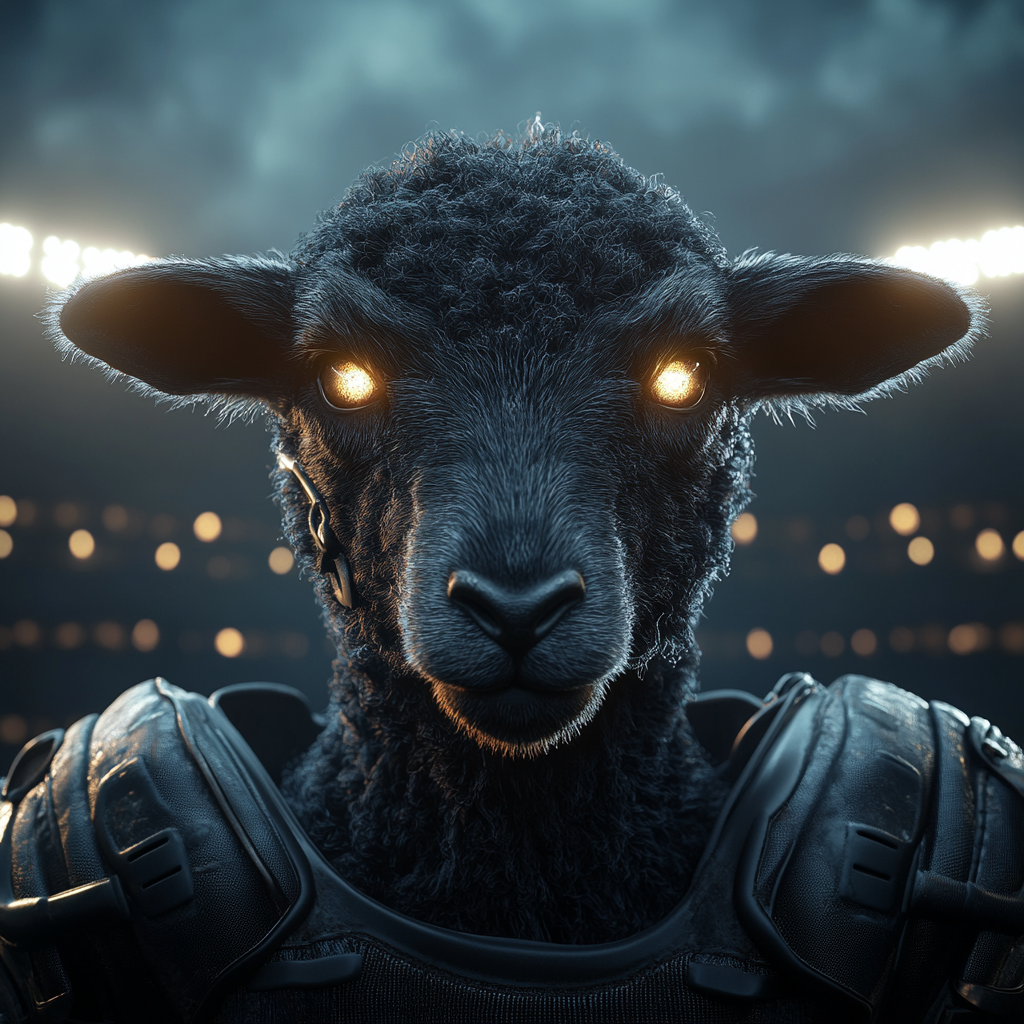 Intense Black Lamb in Football Pads Under Stadium Lights