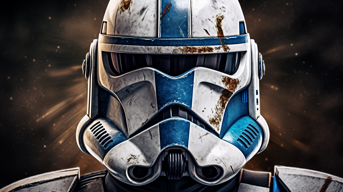 Intense Clone Trooper commands battlefield, fierce and detailed