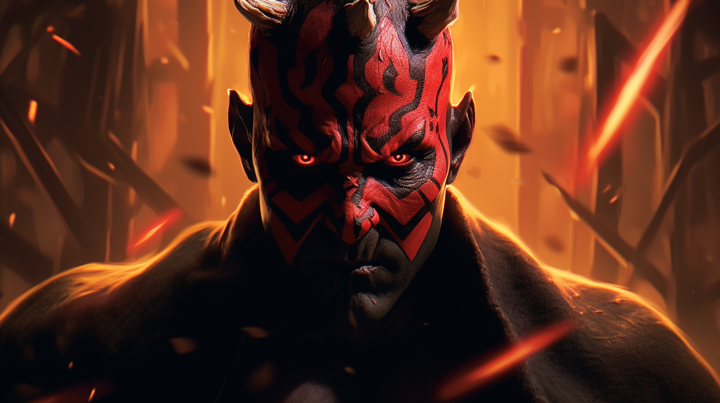 Intense Darth Maul portrait with double red lightsaber