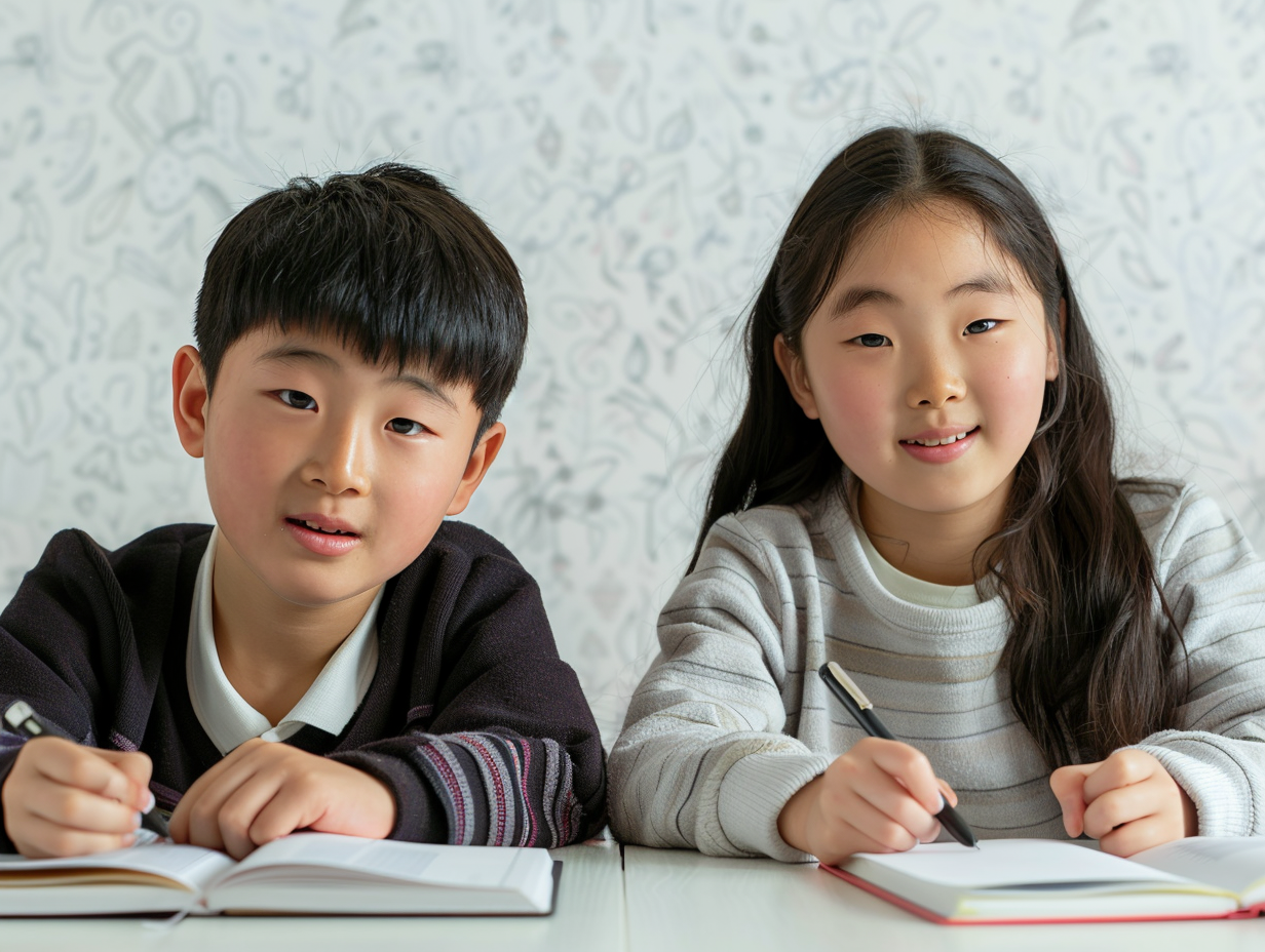 Intense Korean middle school students studying English together art