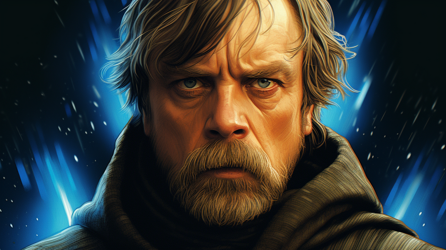 Intense Luke Skywalker portrait in war-torn city.