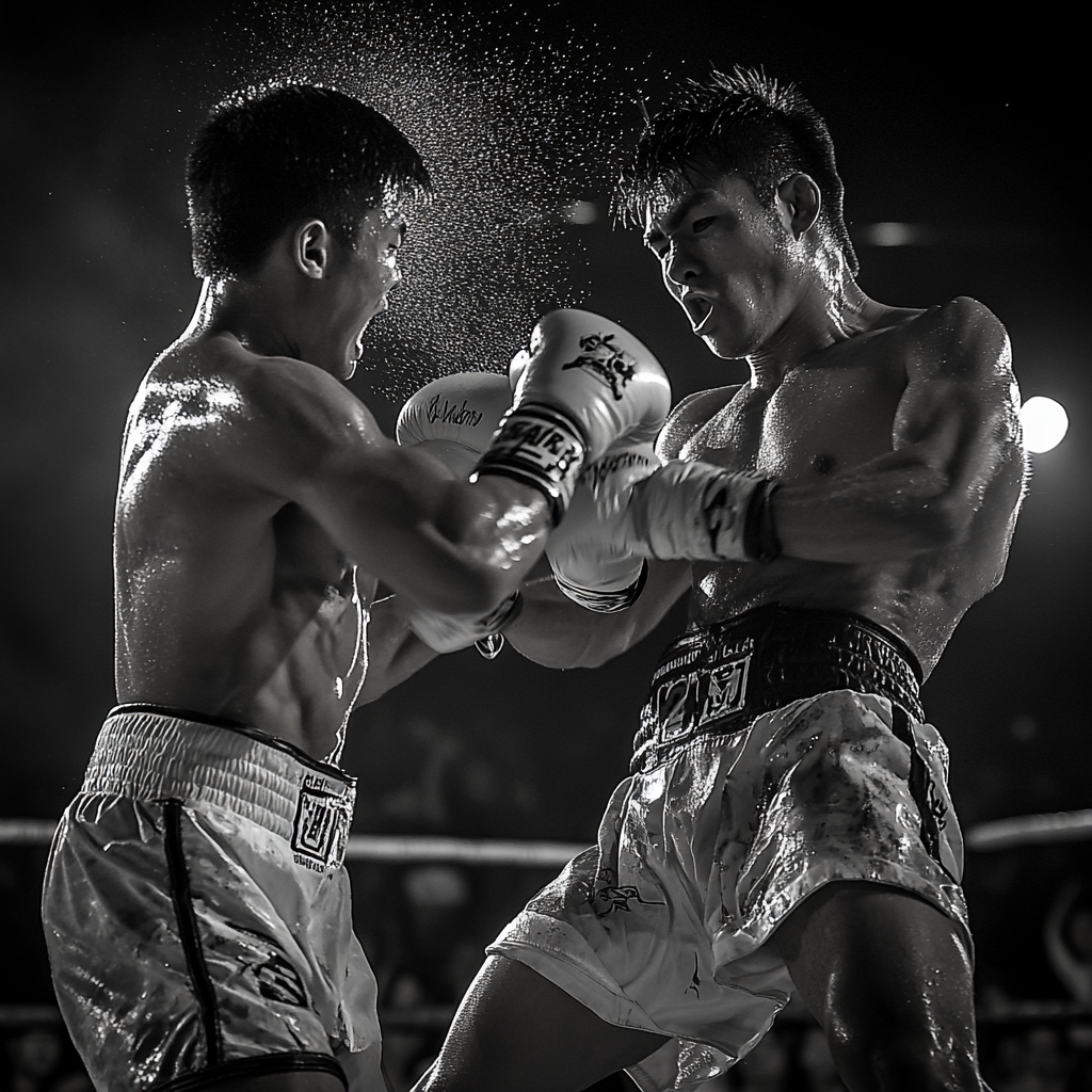 Intense Muay Thai Fight: Dynamic Strike, Fighter Expressions