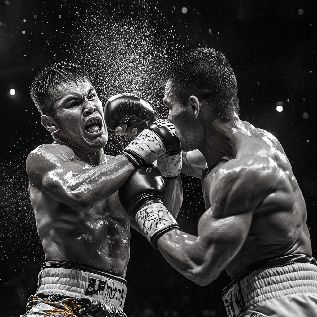 Intense Muay Thai fight with traditional attire and audience reaction.