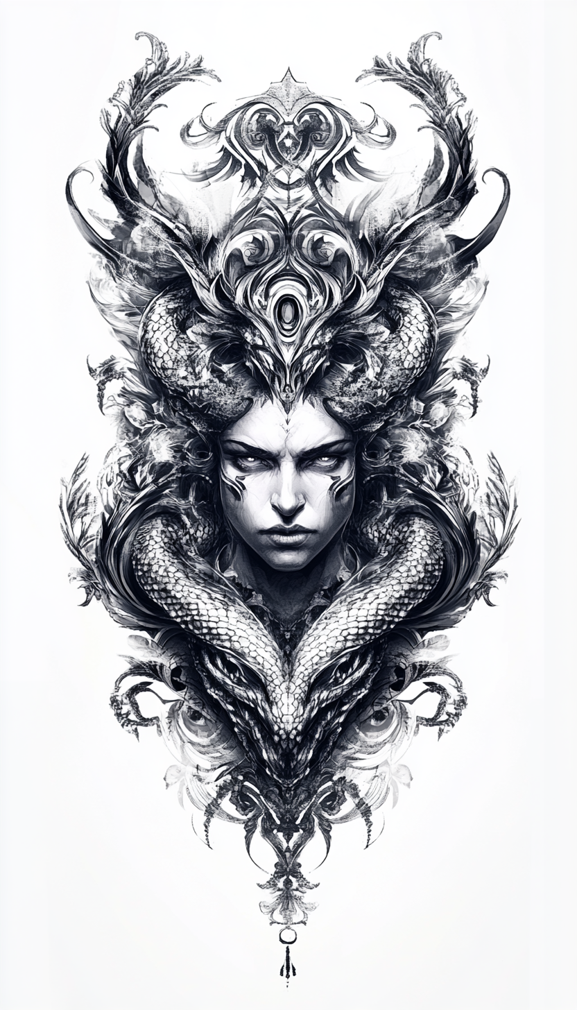 Intense Trinacria Tattoo Design: Gorgon, legs, patterns