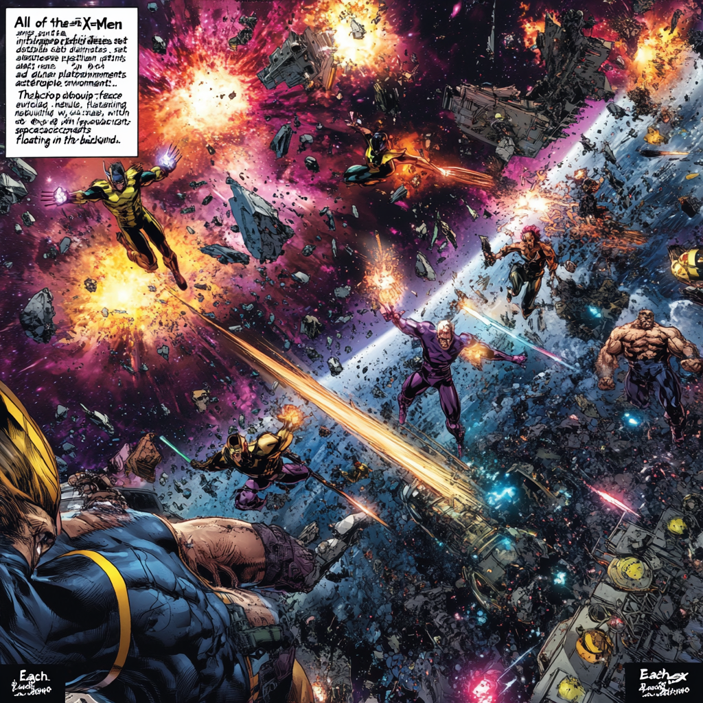 Intense X-Men battle in dystopian future space environment.