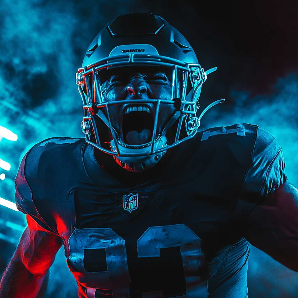 Intense football player in neon lights with fog.