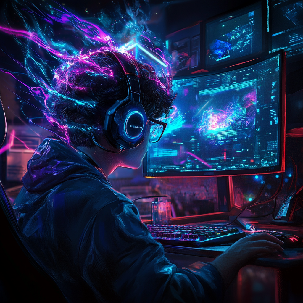 Intense gamer in immersive setup with glowing neon lights.