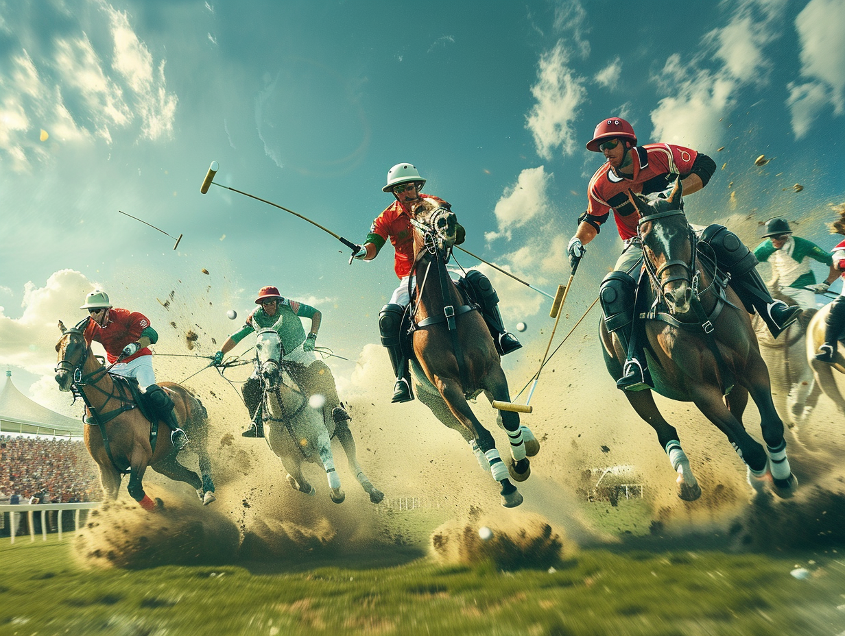 Intense men's polo game: vibrant, elegant, traditional energy.