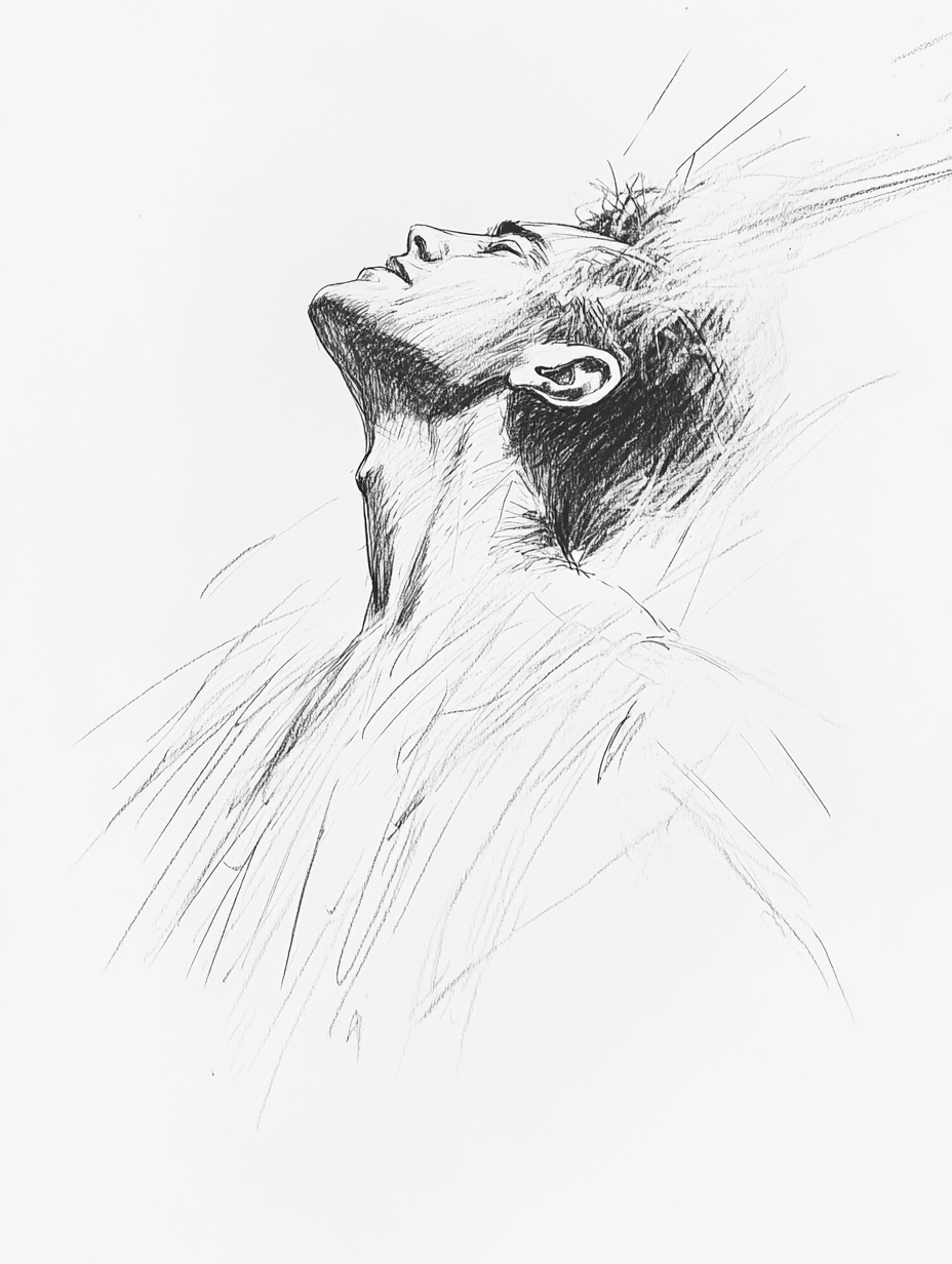 Intense pencil sketch figure alive, gazing skyward.