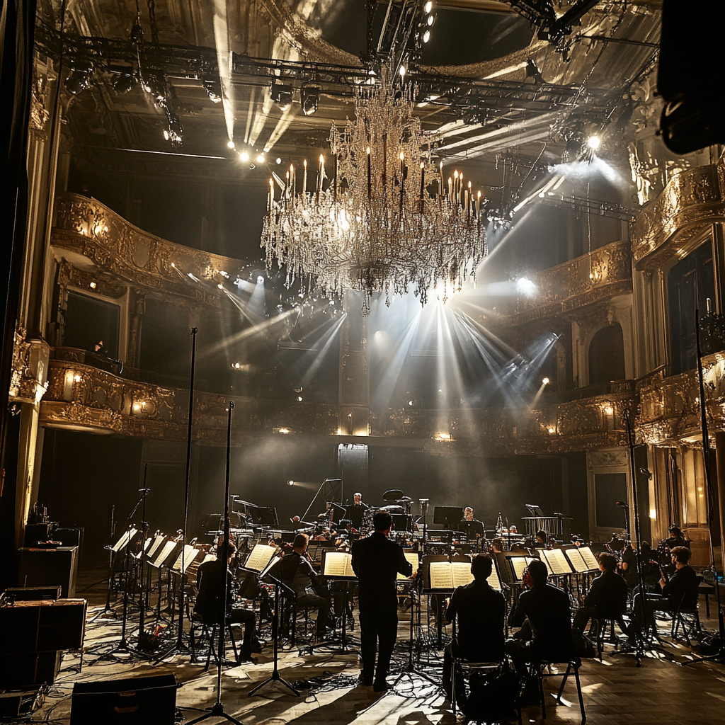 Intense portrait du chef d'orchestre avec immeuble flou.