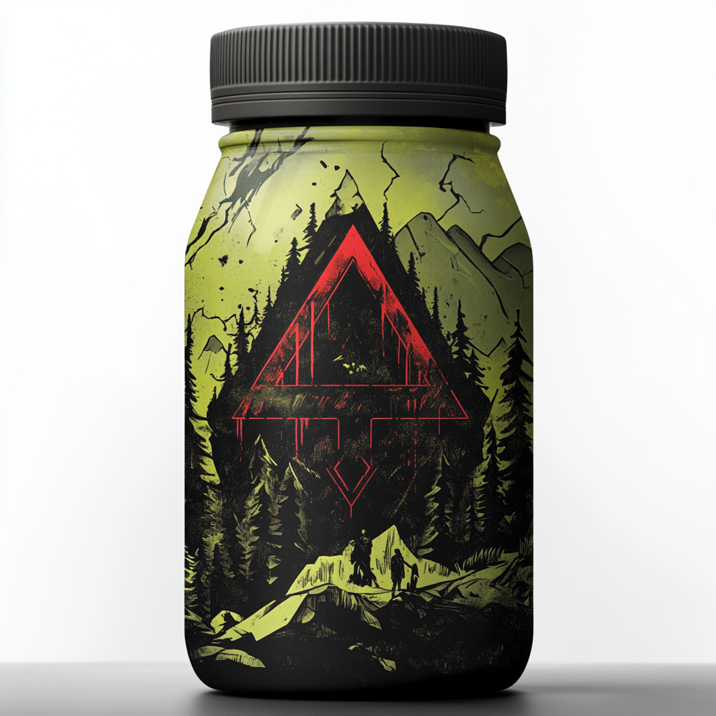 Intense post-apocalyptic pre-workout label highlighting primal strength.