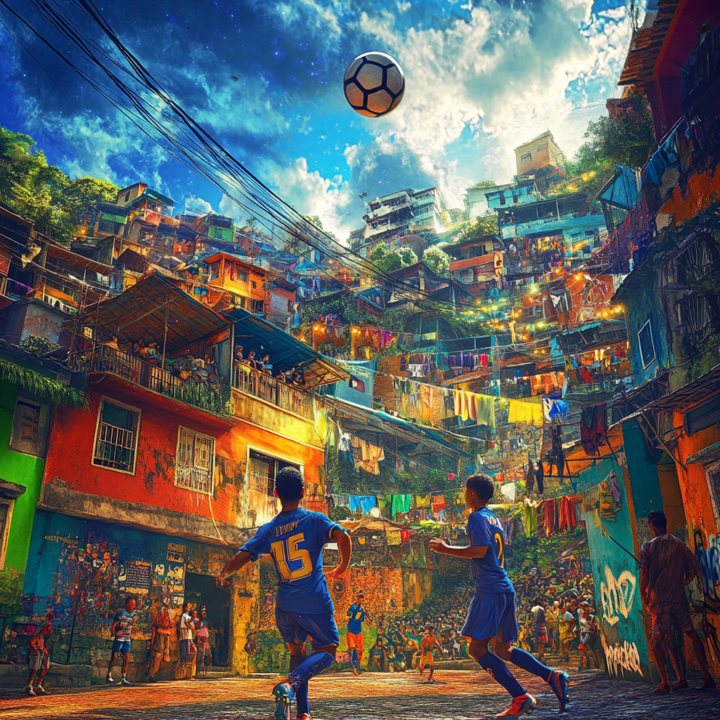 Intense street football match in Brazilian favela