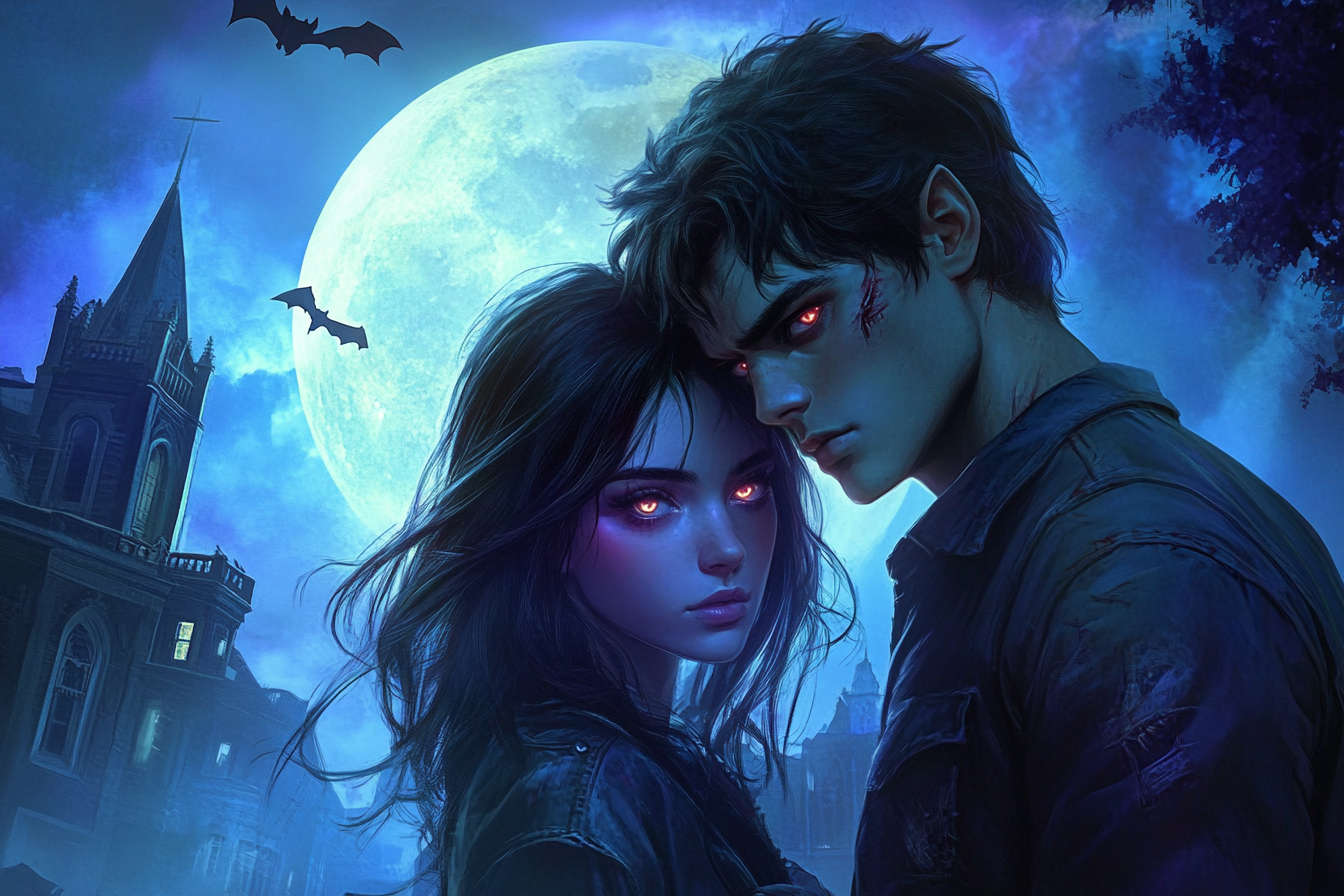 Intense vampire and werewolf stand together under full moon.