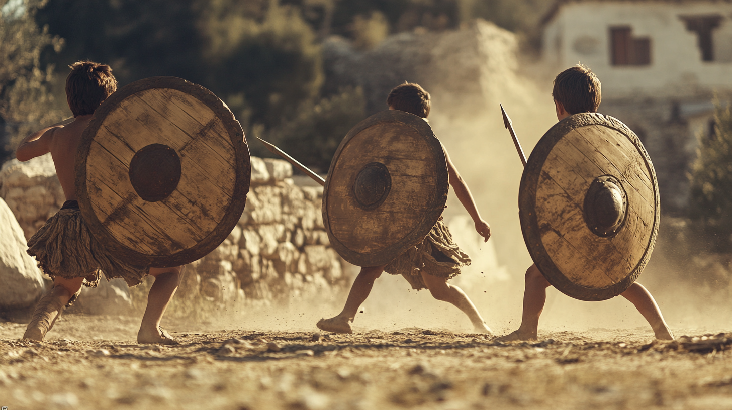 Intense warrior discipline in ancient Greek village training.