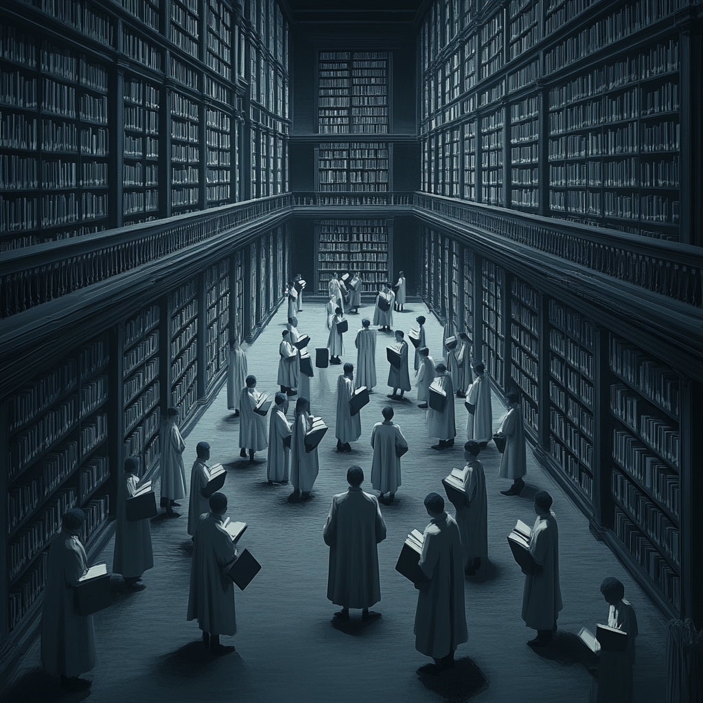 Intensely focused students in grey library with tall shelves.