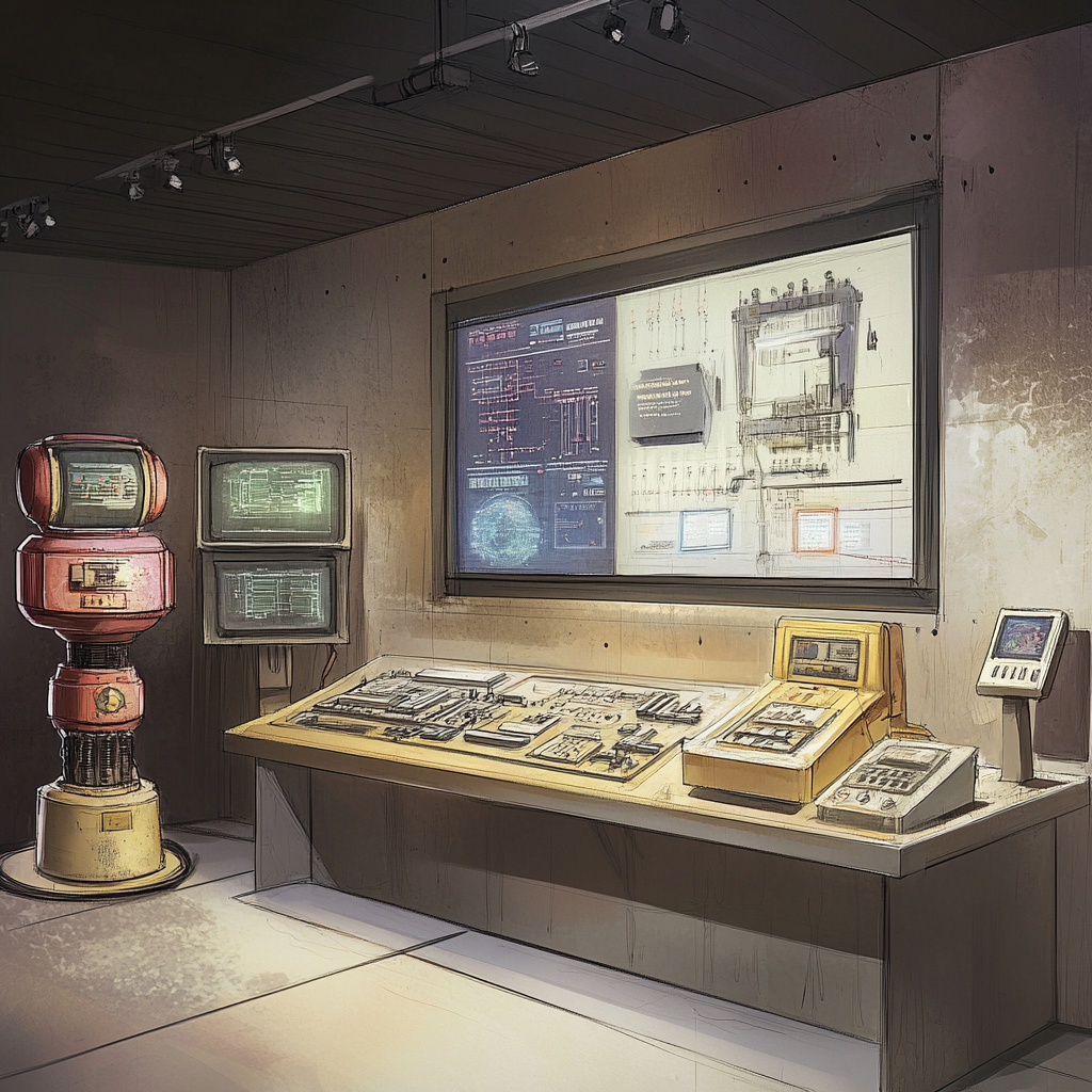 Interactive AI History Exhibit with Old Computer and Robot