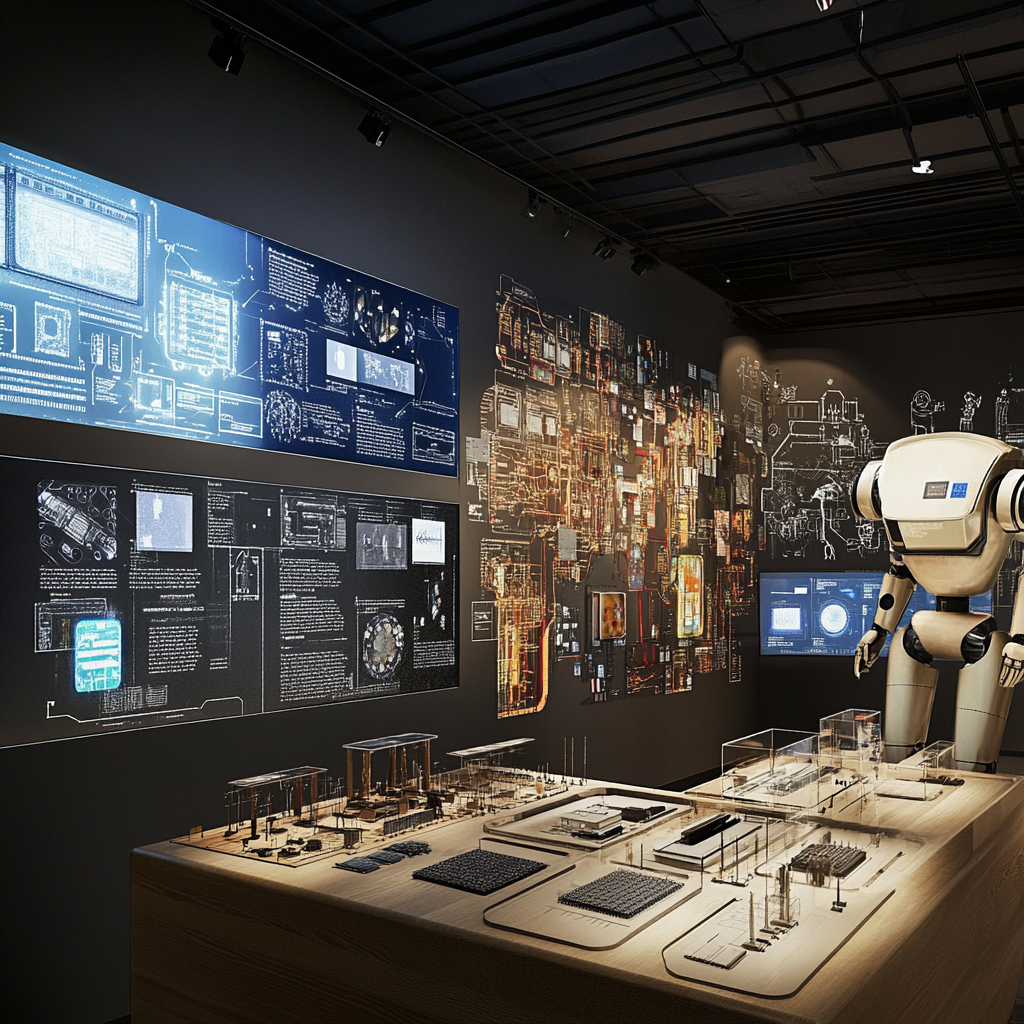 Interactive AI History Exhibit with Vintage Tech Display