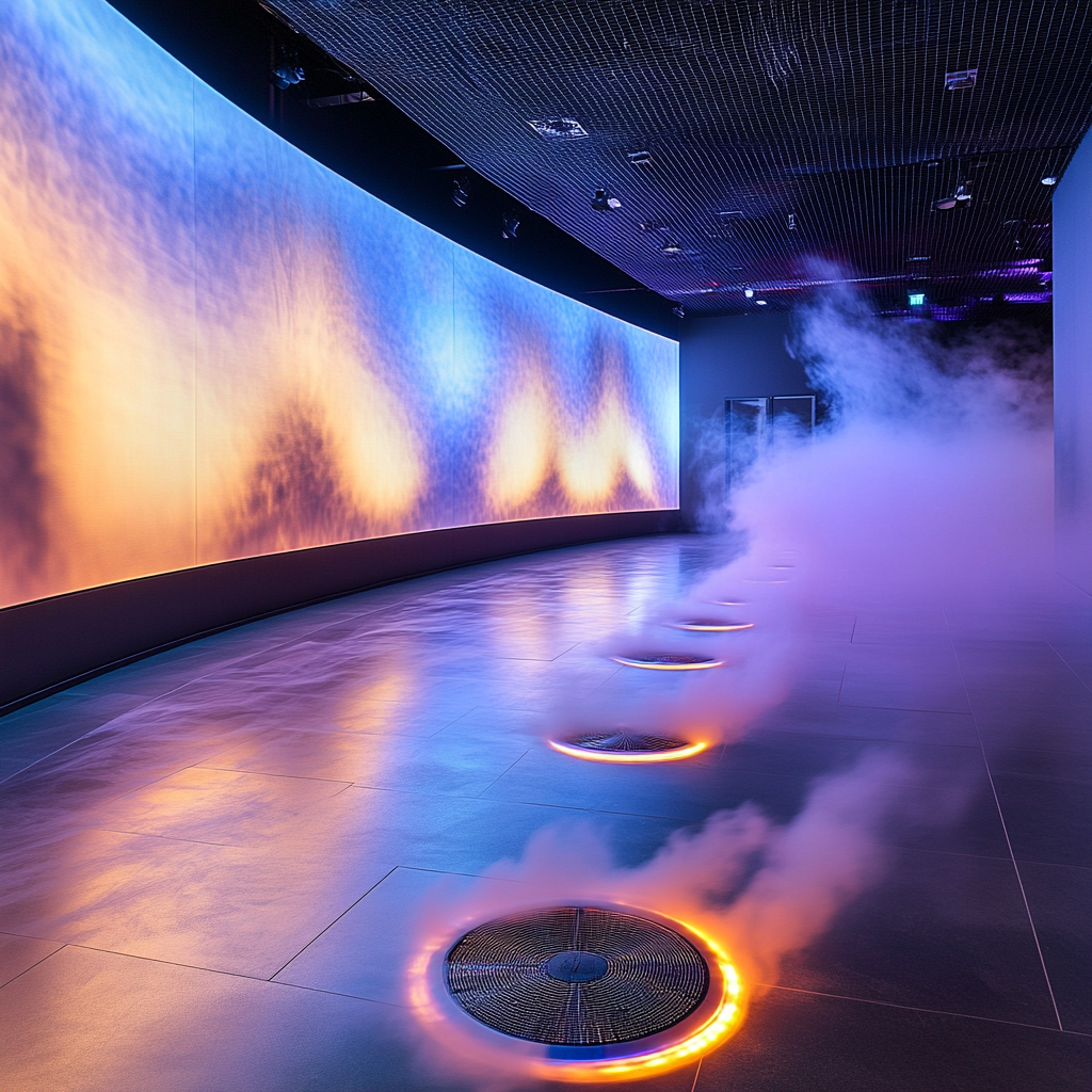 Interactive smoke ring display synchronized with LED screen