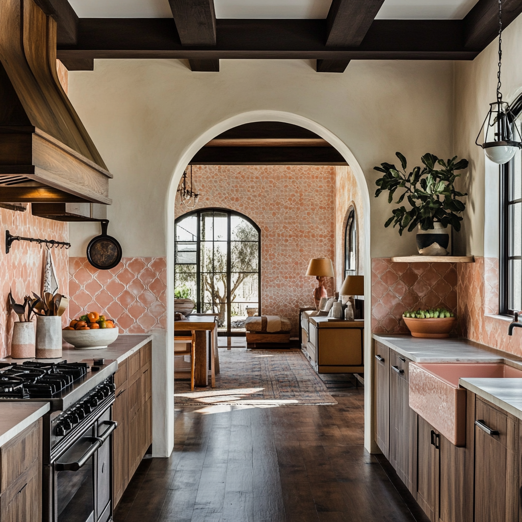 Interior bungalow kitchen with arch into living room