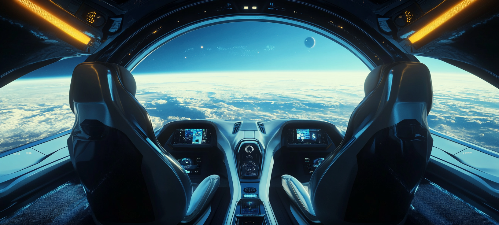 Interior cockpit view of futuristic personal spaceship flying. Ultra realistic.