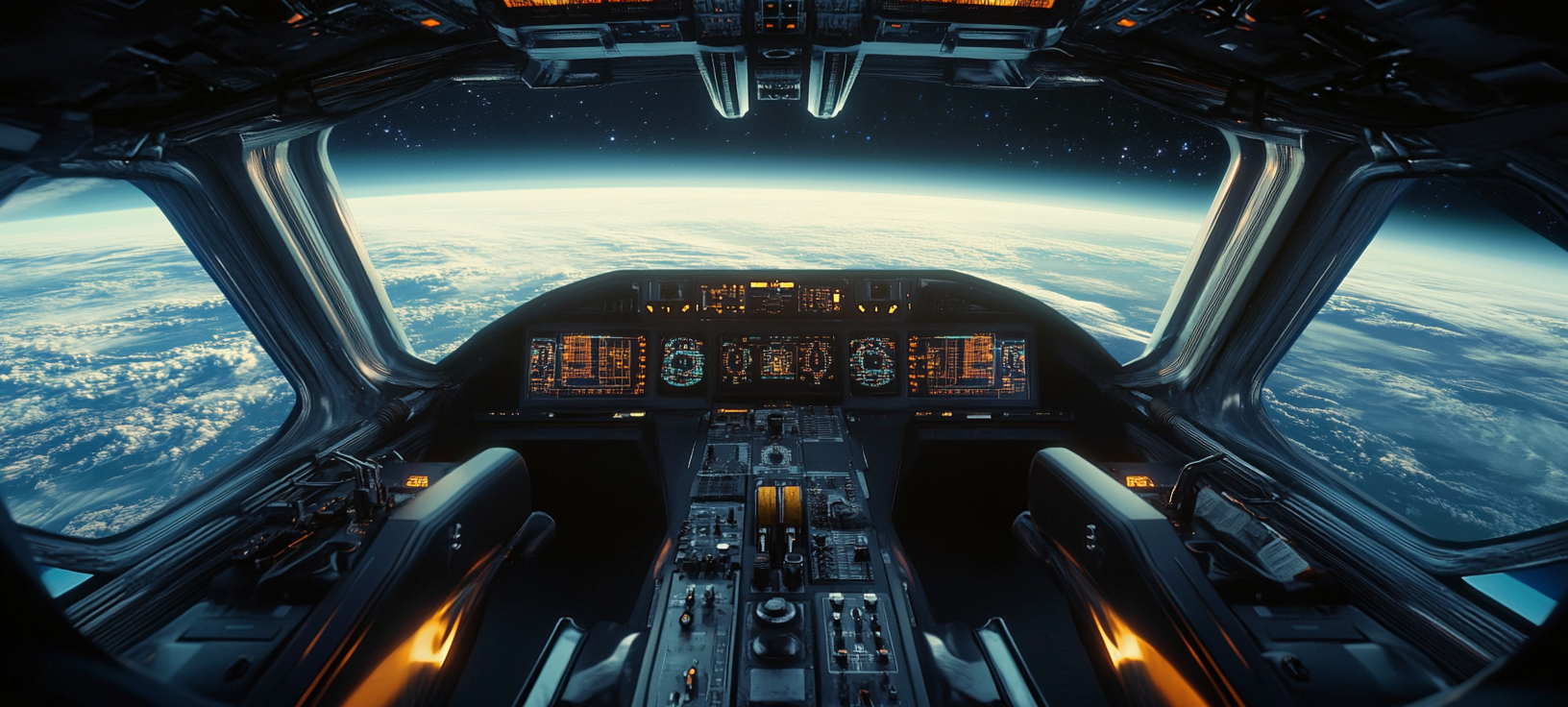 Interior cockpit view of futuristic spaceship flying over alien planet.