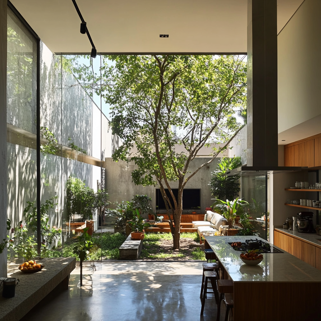 Interior de casa con ventana grande, vegetación y personas.