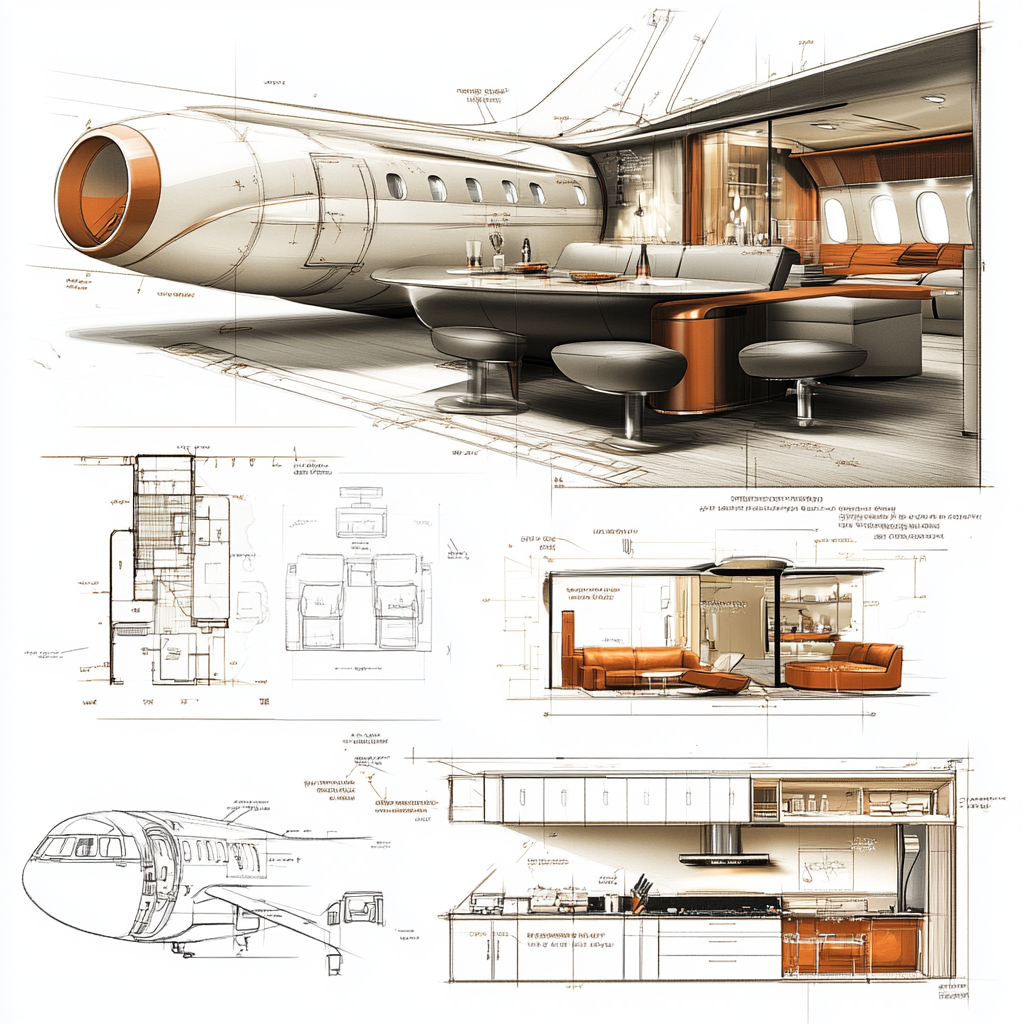 Interior design drawings of luxurious private jet kitchen.