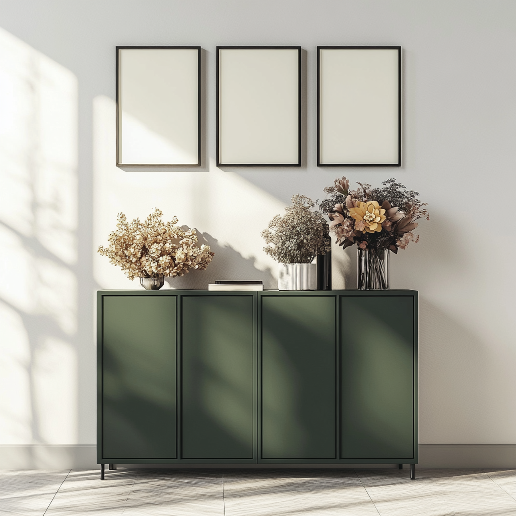 Interior design image of white wall with cabinet and frames.