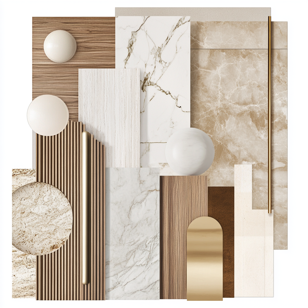 Interior design mood board with marble, wood, and gold