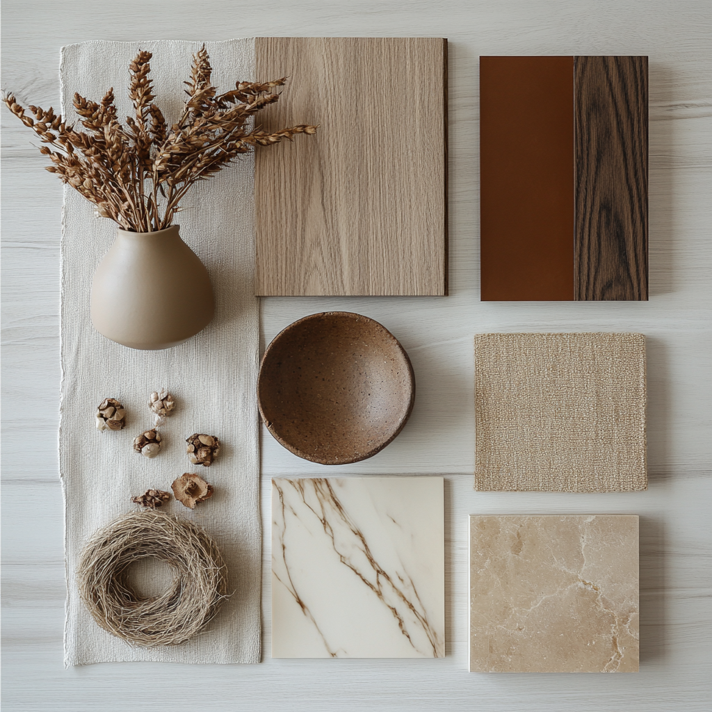 Interior design moodboard with light wood, leather, marble, cloth