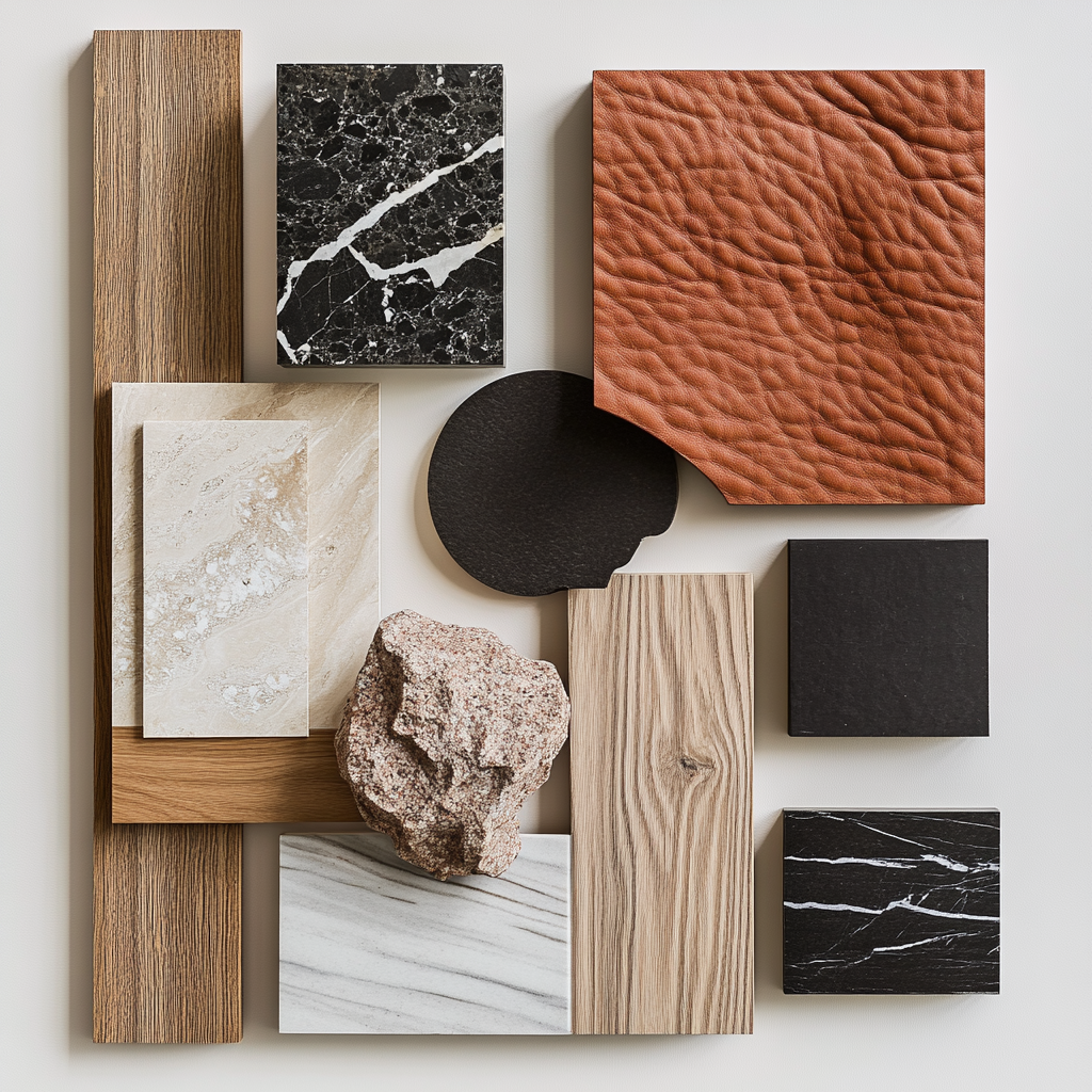 Interior design project moodboard: light wood, dark leather, marble.