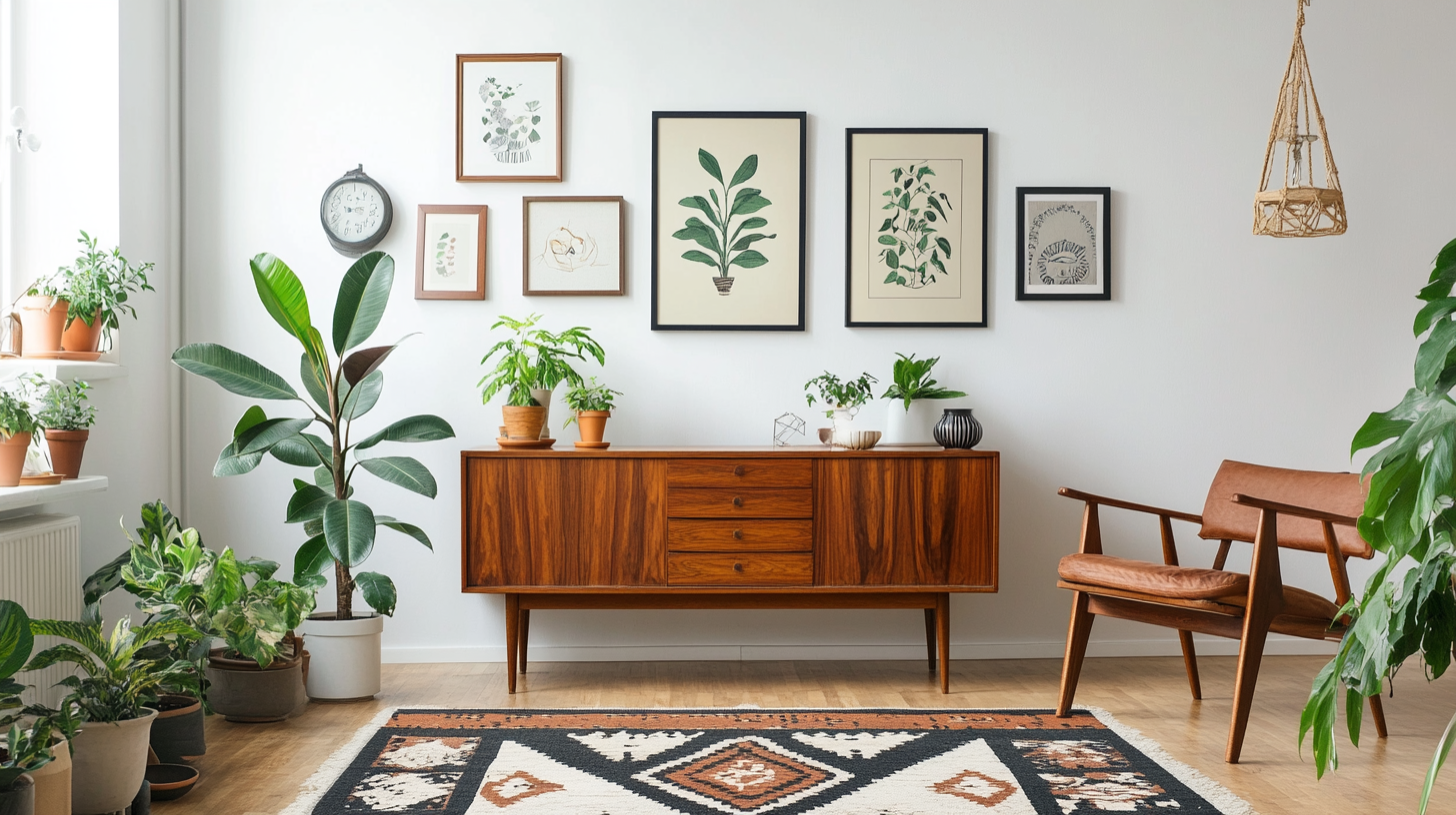 Interior design with white walls, framed art, wood sideboard, rug, plants.