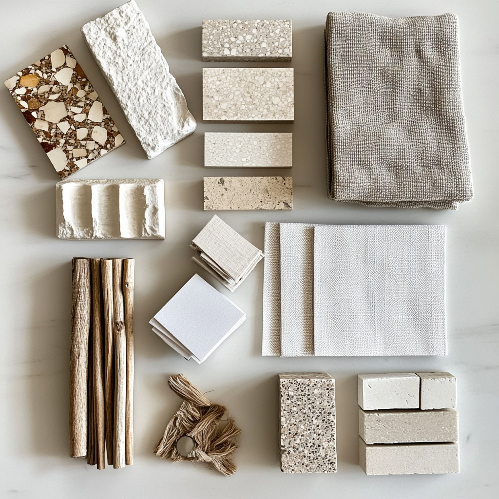 Interior design worksurface: limestone, brick, fabrics, wood samples.