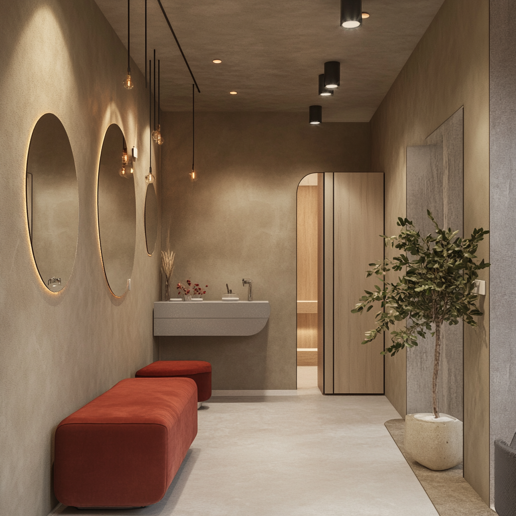 Interior design: clinic with beige grey walls, glass stone, red textile, inspired by Harry Nuriev and Kelly Weastler.