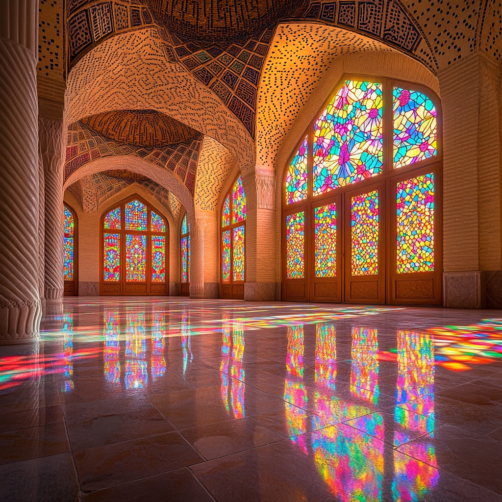 Interior of Iranian mosque with stained-glass windows and sunlight.