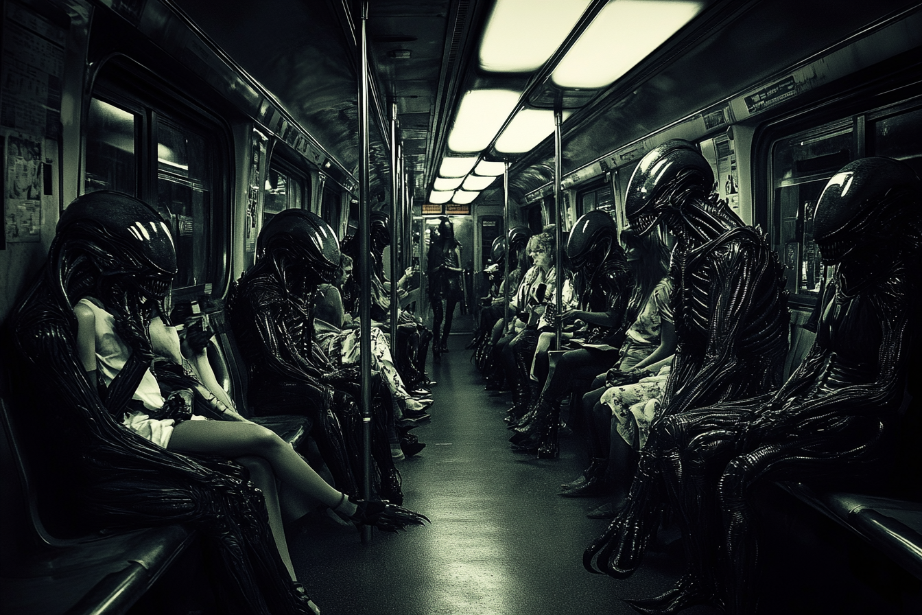 Interior of crowded subway with fashion models, xenomorphs