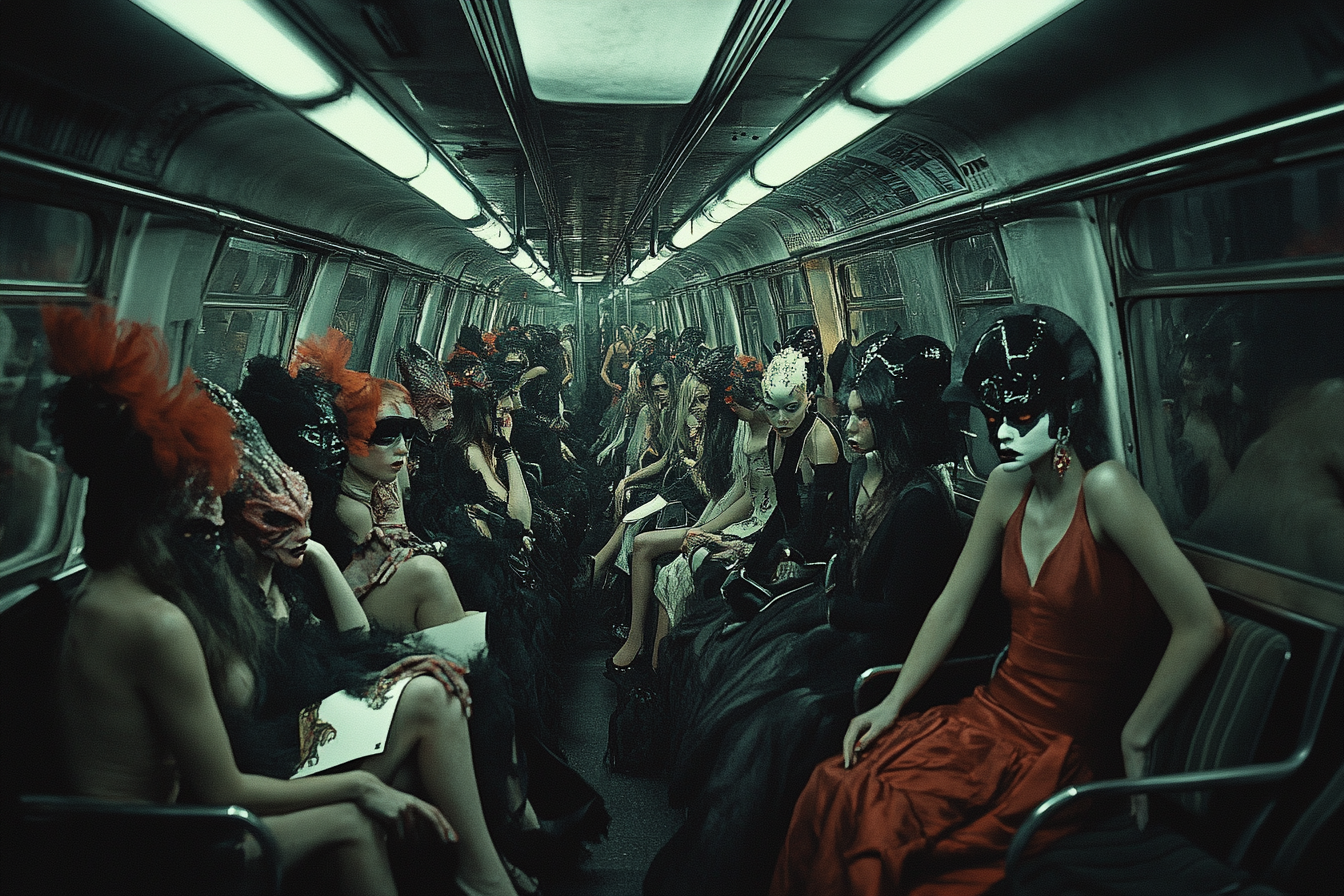 Interior of dark, crowded subway full of models.