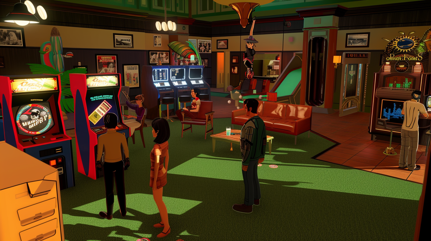 Interior of golf-themed fun clubhouse with avatars socializing.